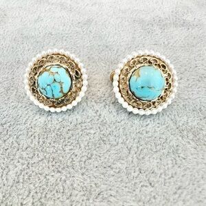Vintage Signed Coro Glass Turquoise Stone With Faux Pearl Earrings